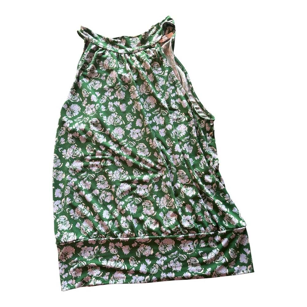 Beacon Apparel Green Floral High Neck Sleeveless Banded Hem Top Size M